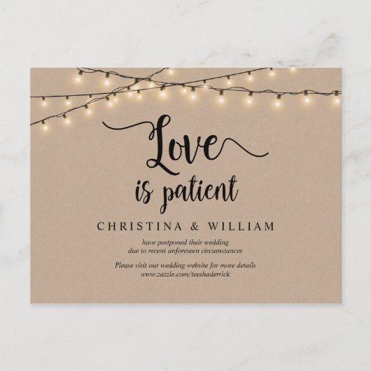 String Lights, Love is Patiënt, Wedding Postponed Briefkaart (Voorkant)