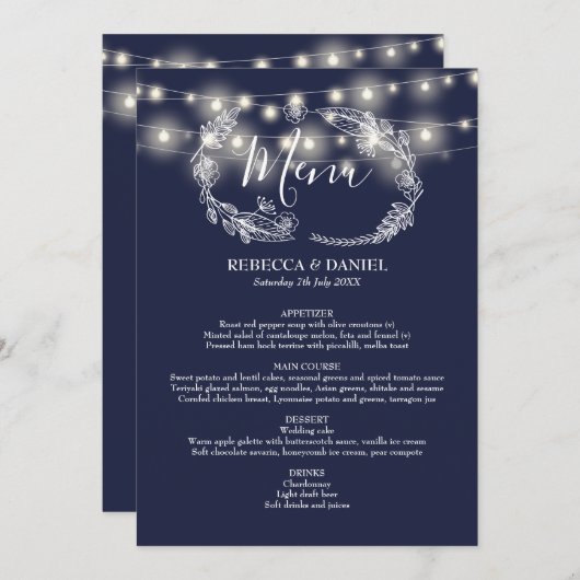 String Lights Marine Blauw Bloemen Bruiloft Menu (Voorkant / Achterkant)