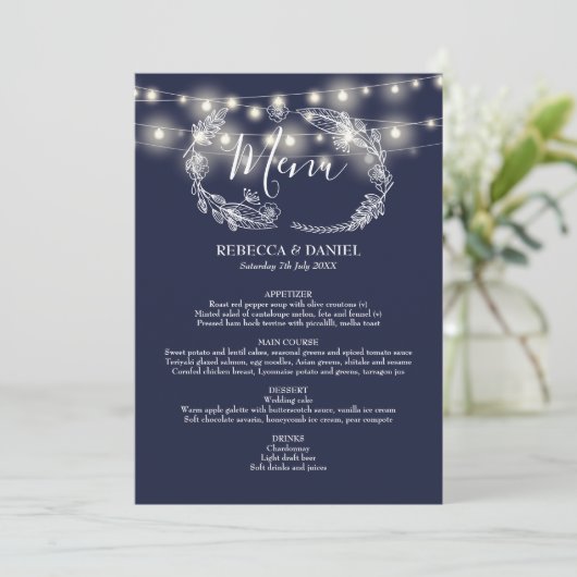 String Lights Marine Blauw Bloemen Bruiloft Menu (Staand voorkant)