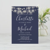String Lights Marine Blauw Elegant Script Bruiloft Kaart (Staand voorkant)