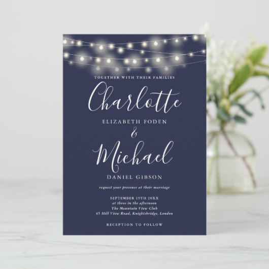 String Lights Marine Blauw Elegant Script Bruiloft Kaart (Staand voorkant)