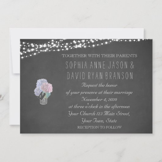 String Lights Mason Jar Chalkboard Wedding Invite Kaart (Voorkant)
