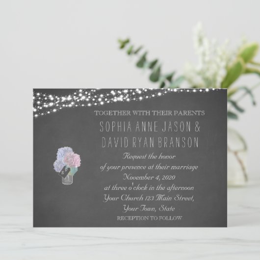 String Lights Mason Jar Chalkboard Wedding Invite Kaart (Staand voorkant)