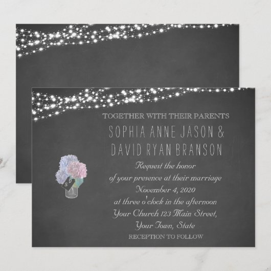 String Lights Mason Jar Chalkboard Wedding Invite Kaart (Voorkant / Achterkant)