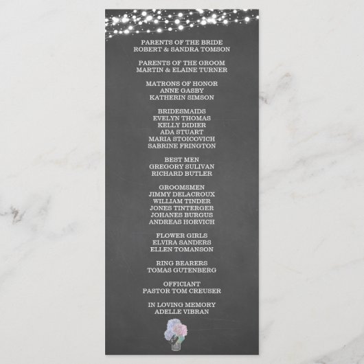 String Lights Mason Jar Chalkboard Wedding Program Programmakaart (Achterkant)