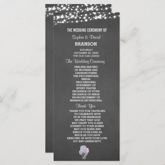 String Lights Mason Jar Chalkboard Wedding Program Programmakaart (Voorkant / Achterkant)
