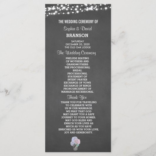 String Lights Mason Jar Chalkboard Wedding Program Programmakaart (Voorkant)