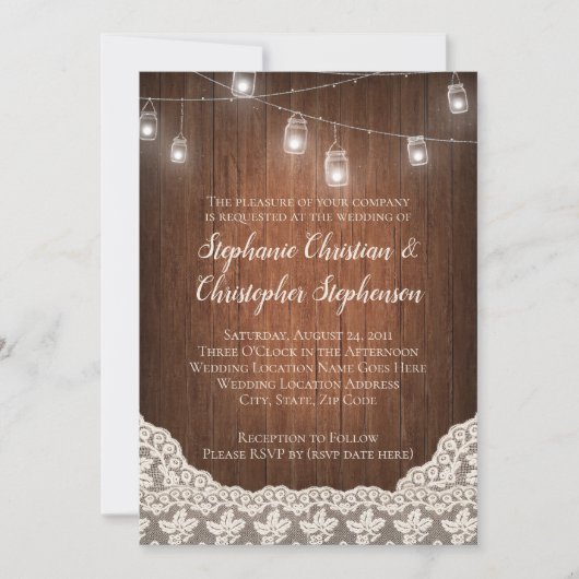  String Lights Mason Jar Lace Wood Weddenschap Kaart (Voorkant)