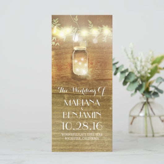String Lights Mason Jar rustieke bruiloft programm Programmakaart (Staand voorkant)