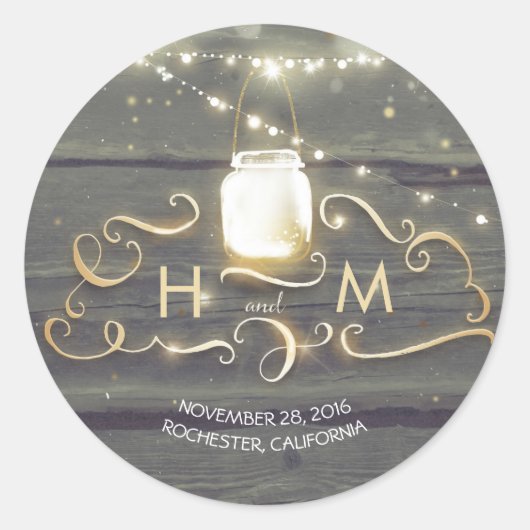 String Lights Mason Jar Rustieke Houten Initialen Ronde Sticker (Voorkant)