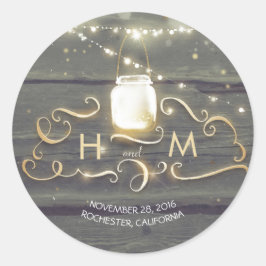 String Lights Mason Jar Rustieke Houten Initialen Ronde Sticker