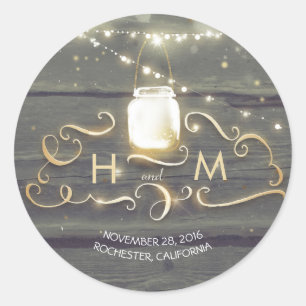 String Lights Mason Jar Rustieke Houten Initialen Ronde Sticker