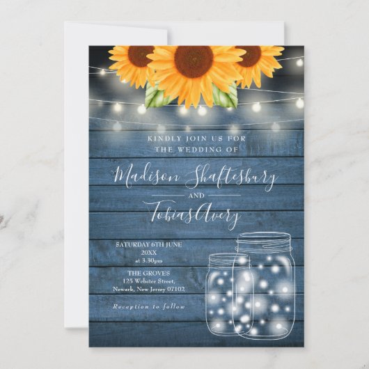String Lights Mason Jar Sunflower Rustic Wedding Kaart (Voorkant)