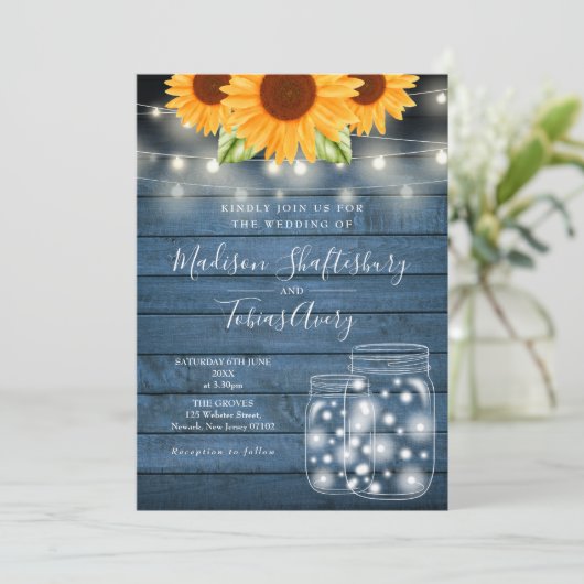 String Lights Mason Jar Sunflower Rustic Wedding Kaart (Staand voorkant)