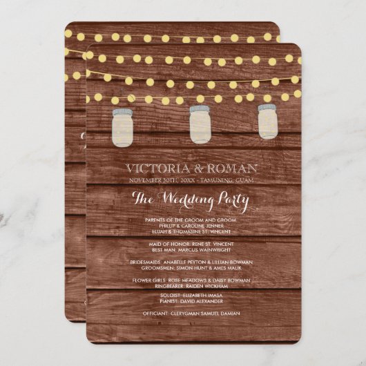 String Lights Mason Jar Wood Trouwprogramma's Programmakaart (Voorkant / Achterkant)