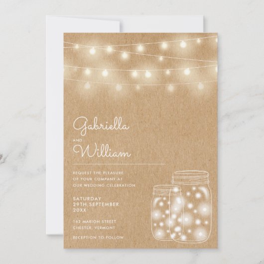 String Lights Mason Jars Rustic Kraft Wedding Kaart (Voorkant)