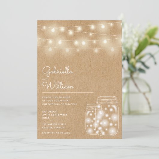 String Lights Mason Jars Rustic Kraft Wedding Kaart (Staand voorkant)