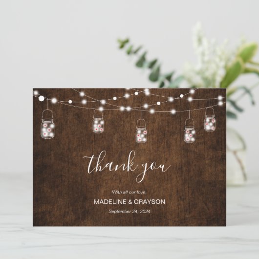 String Lights Mason Jars Rustic Wood Wedding Bedankkaart (Staand voorkant)