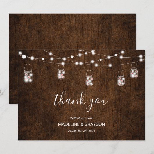 String Lights Mason Jars Rustic Wood Wedding Bedankkaart (Voorkant / Achterkant)