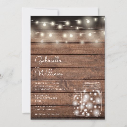 String Lights Mason Jars Rustic Wood Wedding Kaart (Voorkant)