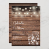 String Lights Mason Jars Rustic Wood Wedding Kaart (Voorkant / Achterkant)