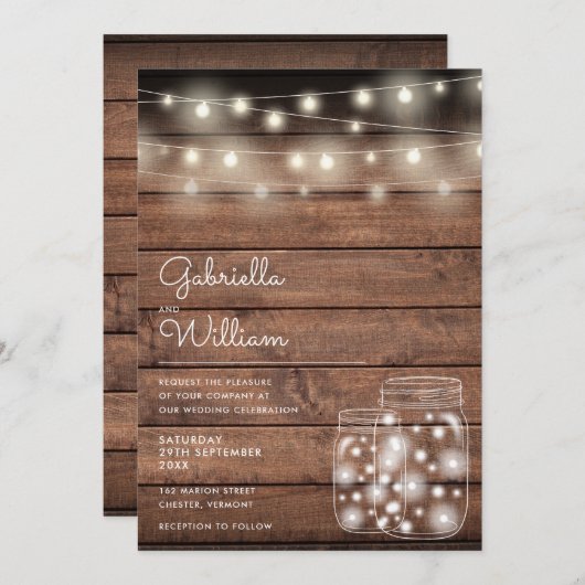 String Lights Mason Jars Rustic Wood Wedding Kaart (Voorkant / Achterkant)