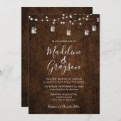 String Lights Mason Jars Rustic Wood Wedding Kaart (Voorkant / Achterkant)