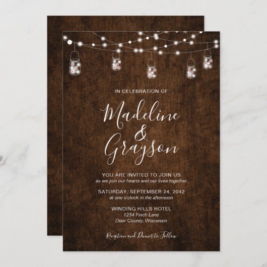 String Lights Mason Jars Rustic Wood Wedding Kaart (Voorkant / Achterkant)