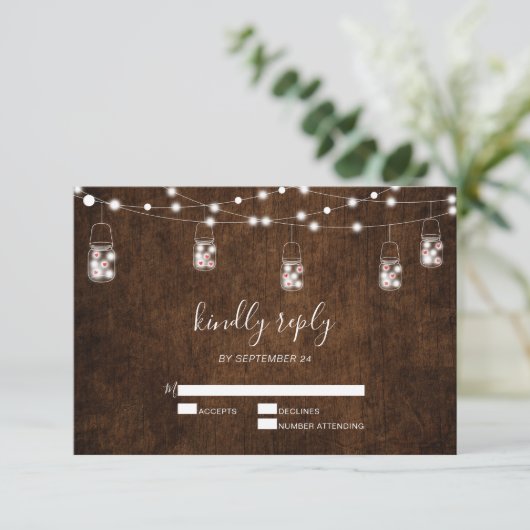 String Lights Mason Jars Rustic Wood Wedding RSVP (Staand voorkant)