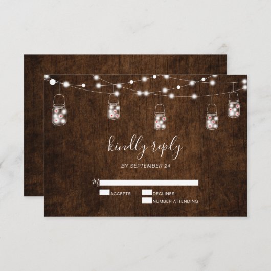 String Lights Mason Jars Rustic Wood Wedding RSVP (Voorkant / Achterkant)