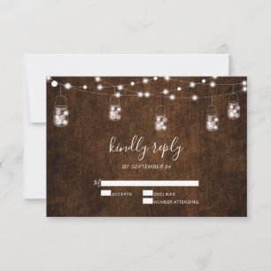 String Lights Mason Jars Rustic Wood Wedding RSVP Kaartje
