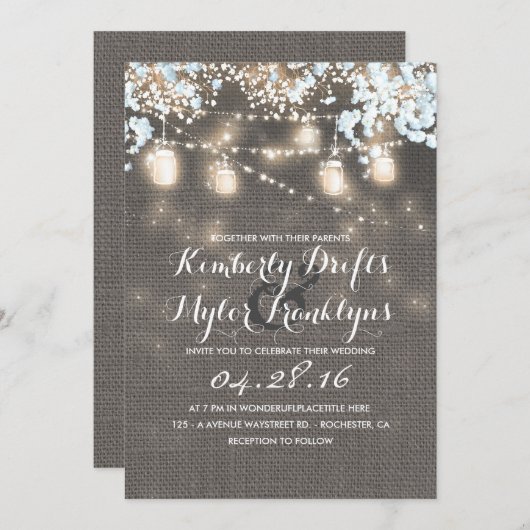 String Lights Mason Jars Rustieke Burlap Bruiloft Kaart (Voorkant / Achterkant)