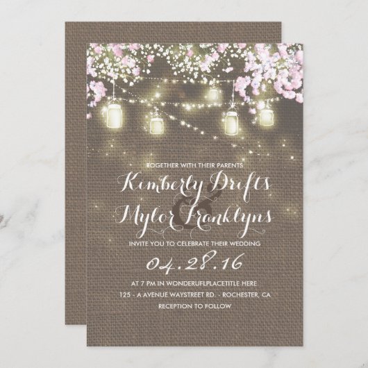 String Lights Mason Jars Rustieke Burlap Bruiloft Kaart (Voorkant / Achterkant)