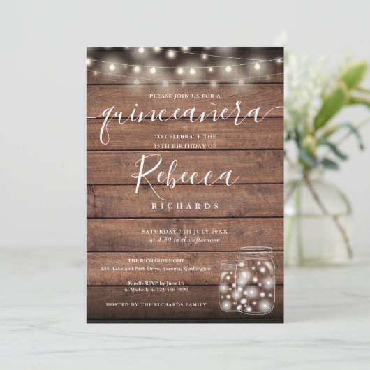 String Lights Mason Jars Script Quinceañera 15th Kaart (Staand voorkant)