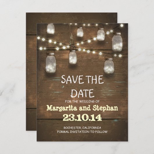 String Lights & Mason Jars Sla de datumkaarten op Save The Date (Voorkant / Achterkant)