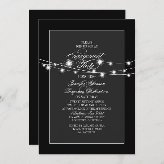String Lights Modern Black Engagement Party Kaart (Voorkant / Achterkant)