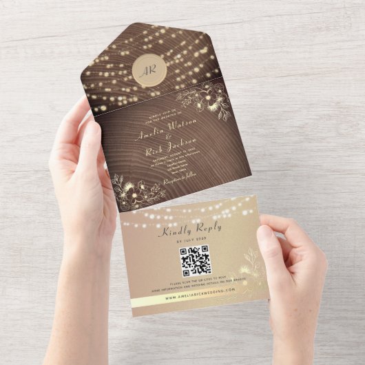 String Lights Monogram Bruiloft QR Code All In One Uitnodiging (Afscheurbaar)