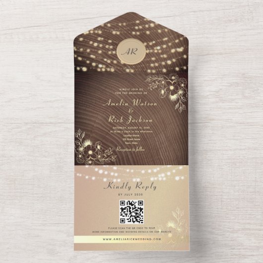 String Lights Monogram Bruiloft QR Code All In One Uitnodiging (Binnen)