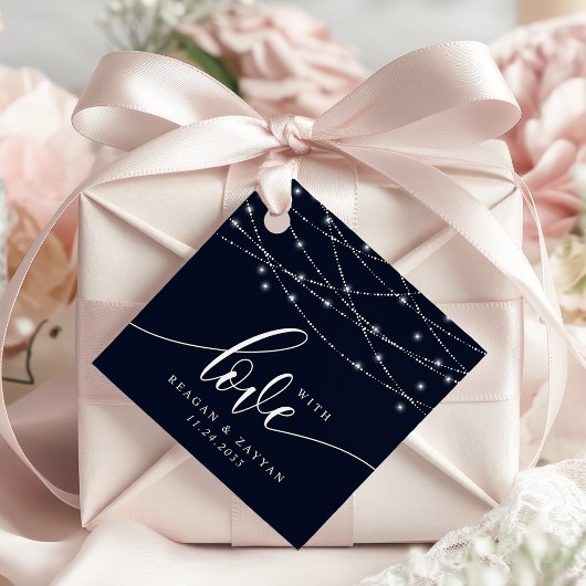String Lights Navy Blue Elegant Weddenschap met li Bedankjes Labels