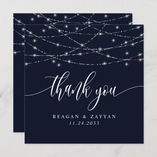 String Lights Navy Blue Elegant Wedding Bedankkaart (Voorkant / Achterkant)