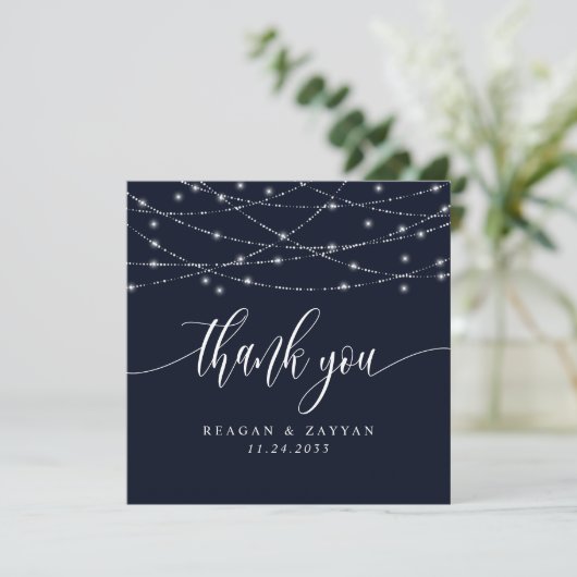 String Lights Navy Blue Elegant Wedding Bedankkaart (Staand voorkant)