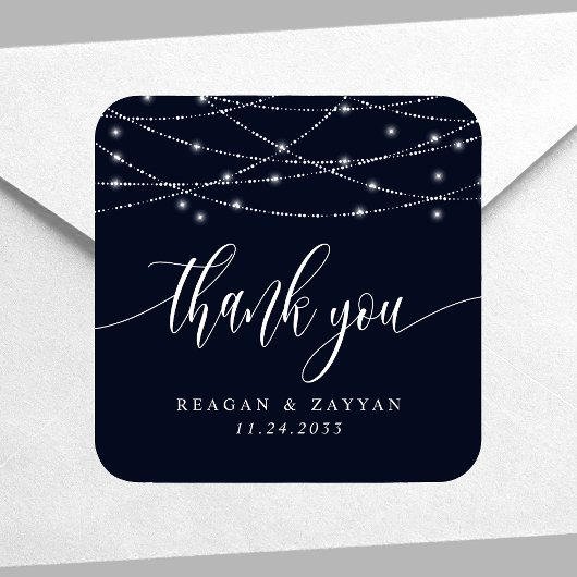 String Lights Navy Blue Elegant Wedding Bedankt Vierkante Sticker
