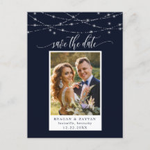 String Lights Navy Blue Photo Save the Date
