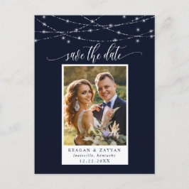 String Lights Navy Blue Photo Save the Date Aankondigingskaart