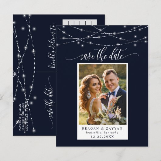 String Lights Navy Blue Photo Save the Date Aankondigingskaart (Voorkant / Achterkant)