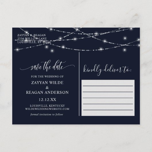 String Lights Navy Blue Photo Save the Date Aankondigingskaart (Achterkant)