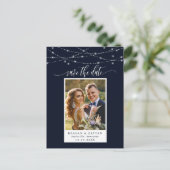 String Lights Navy Blue Photo Save the Date Aankondigingskaart (Staand voorkant)