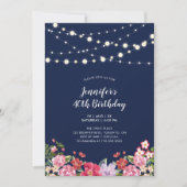 String Lights & Navy Floral Adult Birthday Party Kaart (Voorkant)