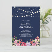 String Lights & Navy Floral Adult Birthday Party Kaart (Staand voorkant)