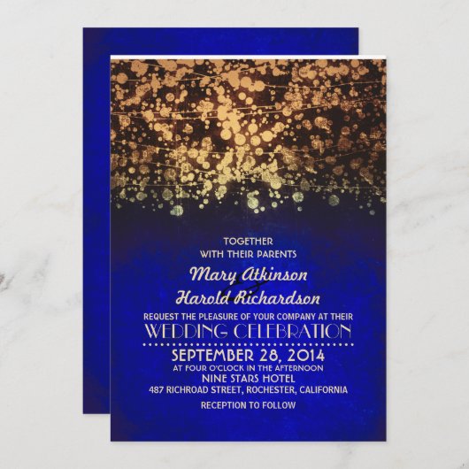String Lights Navy & Gold  glitter bruiloft Kaart (Voorkant / Achterkant)